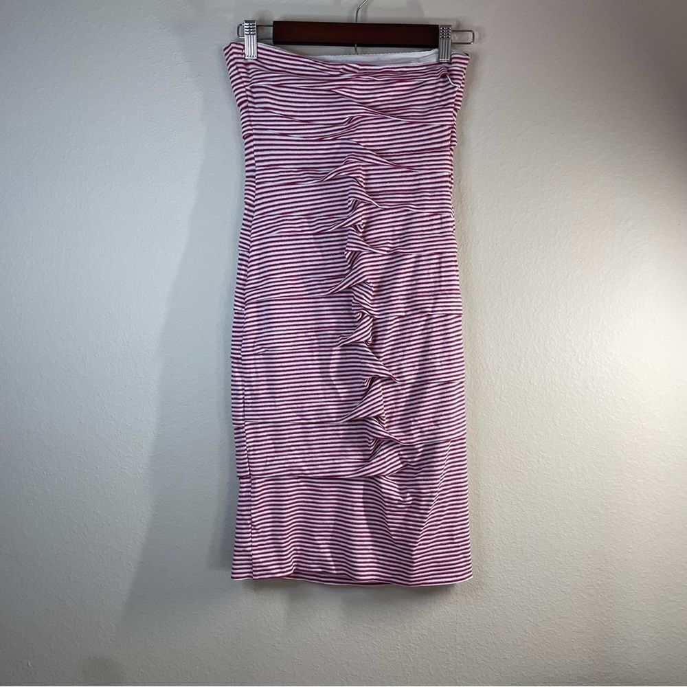 Nicole Miller Studio One red, white, and silver striped fitted strapless dress.